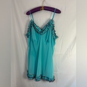 Y2K Turquoise+Red Trim Ruffle Coquette Sheer Plus Size Lingerie/Slip Mini Dress